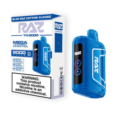 Blue Raz TN 9000 Disposable Vape in and out of the box - Blue Raz Cotton Cloudz flavor.
