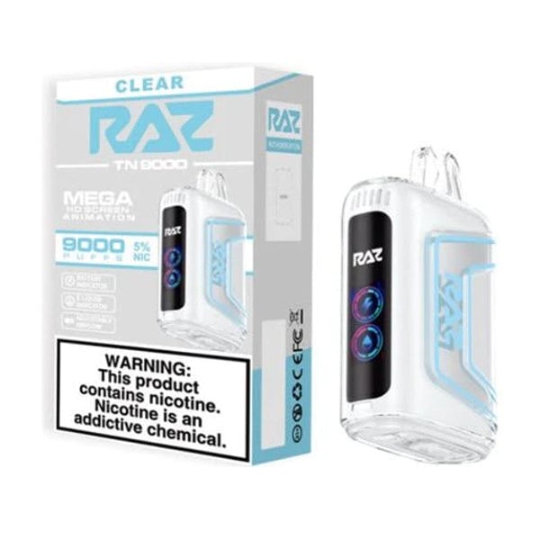 Light Gray and Blue Raz TN 9000 Disposable Vape in and out of the box - Clear flavor.