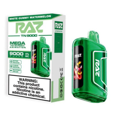 Green Raz TN 9000 Disposable Vape in and out of the box - White Gummy Watermelon flavor.