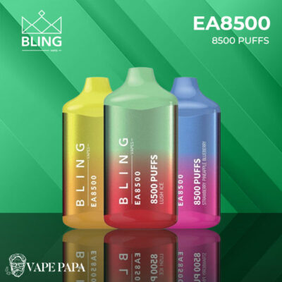 3 Bling EA8500 Disposable Vape Devices on a green - Lush Ice , Strawberry Pineapple Bluberry,and other flavors.