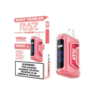 Pink Raz TN 9000 Disposable Vape in and out of the box - Night Crawler flavor.